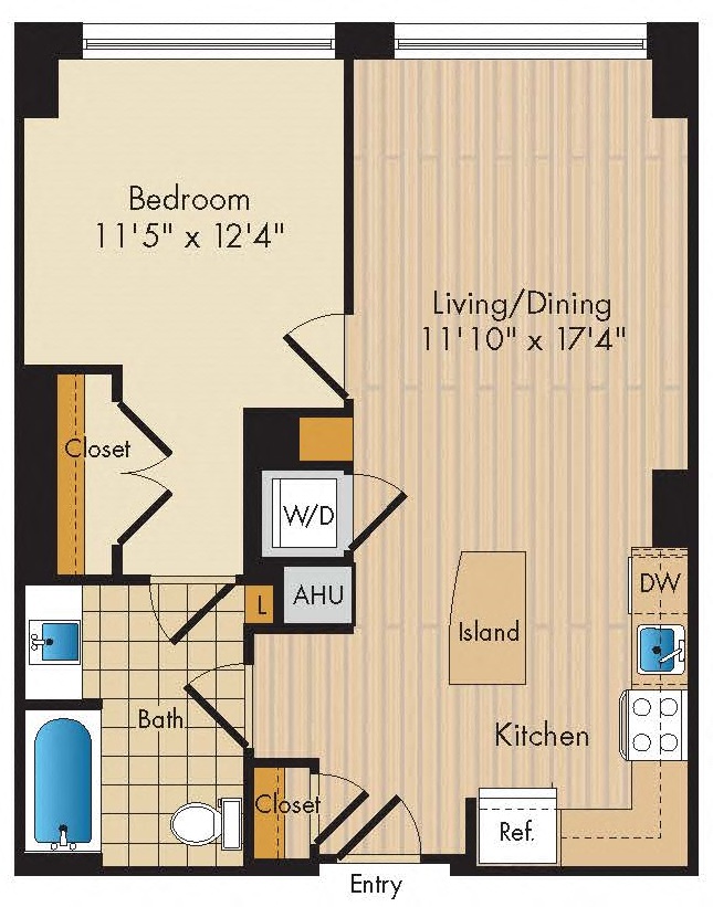 Floor plan for 1 bed, 1 bath, 719 sqft